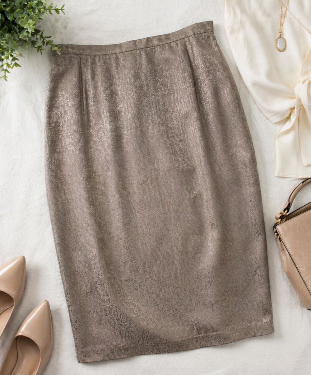 Adrianna Papell Silk Pencil Skirt Size 16 Taupe Textured Sheath Lined Classic - Picture 1 of 9